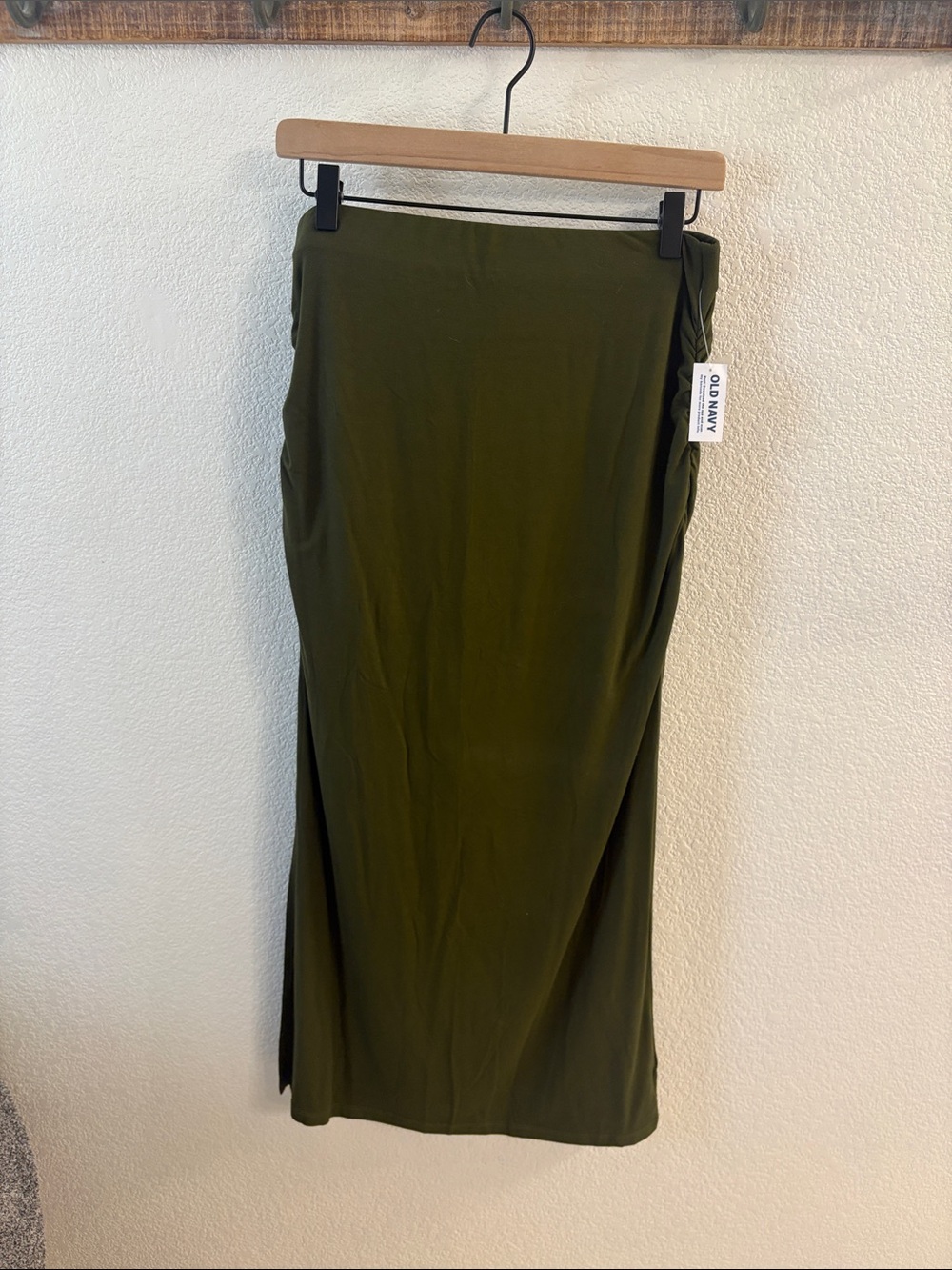 Old Navy Olive Maxi Skirt with Side Slit and ruching at hips.